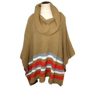 Jones New York Cottage Core Brown Stripes Cowl Neck Knit Sweater Poncho One/Size